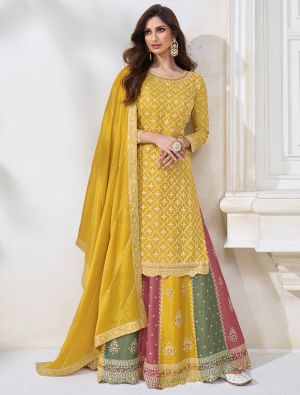 Mustard Chinon Semi Stitched Embroidered Lehenga Suit small FABSL21749