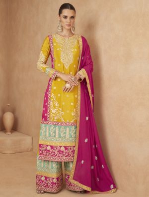 Mustard Chinon Semi Stitched Palazzo Suit small FABSL21919