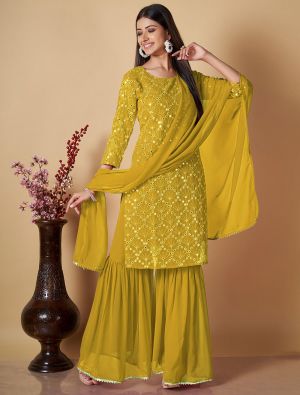Mustard Georgette Readymade Sharara Suit With Mirror Work FABSL21743