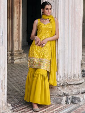 Mustard Georgette Sequined Readymade Sharara Suit FABSL21849