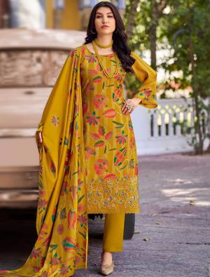 Mustard Muslin Floral Printed Ready To Wear Salwar Kameez FABSL22217