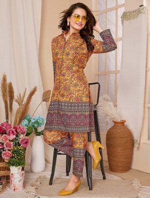 mustard rayon digital printed co ord set fabku20999