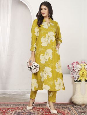 mustard rayon ethnic co ord set fabku21075