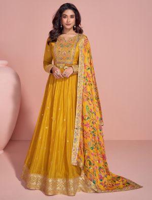 Mustard Yellow Chinon Ready To Wear Anarkali Suit In Free Size small FABSL22235
