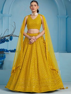 Mustard Yellow Georgette Semi Stitched Embroidered Lehenga small FABLE20457