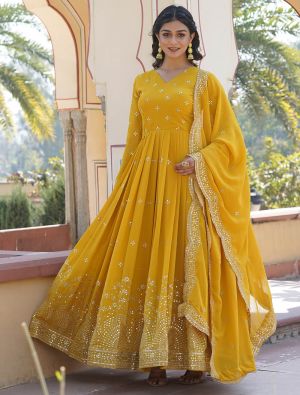 mustard yellow georgette sequined anarkali gown with dupatta fabgo20291