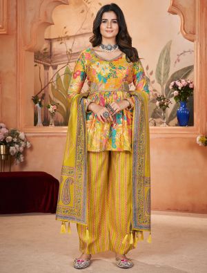 Mustard Yellow Silk Digital Printed Readymade Salwar Kameez FABSL21967