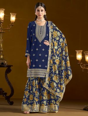 Navy Blue Chinon Semi Stitched Sharara Suit small FABSL21986