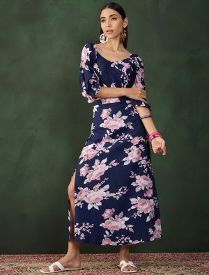 navy blue crepe printed co ord set fabku20990