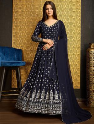 navy blue georgette flared anarkali gown with dupatta fabgo20280