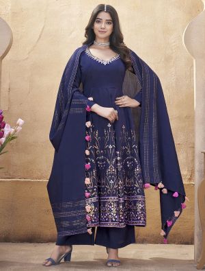 Navy Blue Roman Silk Ready To Wear Palazzo Suit FABSL22094