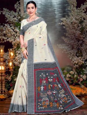 Off White And Black Cotton Saree With Traditional Weaves