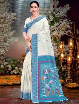 Off White And Cyan Cotton Saree With Traditional Weaves