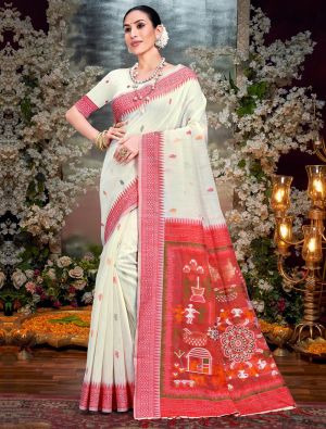 Off White And Red Cotton Saree With Traditional Weaves