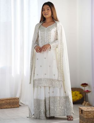 Off White Chinon Silk Ready To Wear Sharara Suit FABSL22133