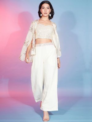 off white georgette co ord set with thread and sequins fabku20891