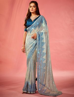 Off White Georgette Party Wear Saree With Sequins