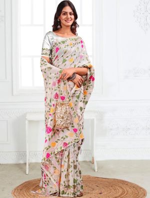 Off White Linen Cotton Jacquard Woven Saree