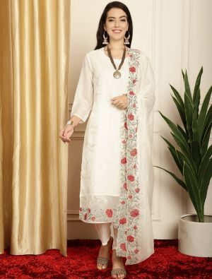 Off White Organza Embroidered Sequined Salwar Suit small FABSL21597