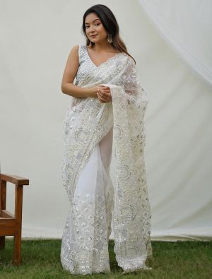 Off White Organza Party Wear Saree With Thread And Sequins