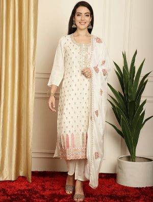 Off White Pure Silk Embroidered Sequined Salwar Suit small FABSL21591