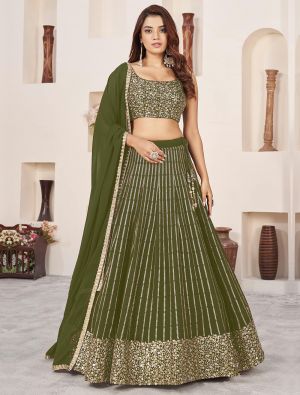 Olive Green Georgette Lehenga Choli with Zari And Sequins small FABLE20420