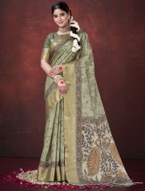 Olive Green Habotai Silk Traditional Pattern Saree