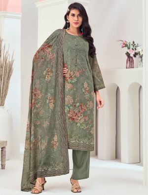 Olive Green Muslin Embroidered Ready To Wear Salwar Kameez FABSL22244