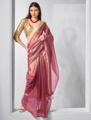 Onion Pink Gold Tissue Net Fancy Party Wear Saree