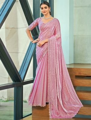 Onion Pink Solid Color Silk Blend Saree With Adorned Border