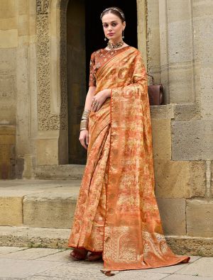 Orange Jacquard Silk Elegant Saree With Woven Work