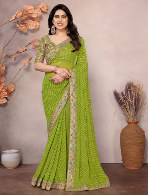 Parrot Green Georgette Printed Saree With Embroidery
