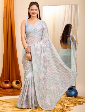 Pastel Blue Georgette Party Wear Saree With Sequins
