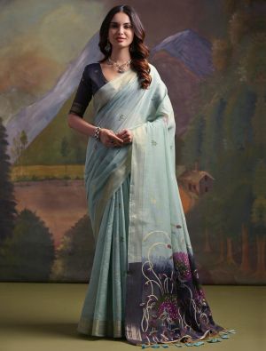 Pastel Blue Muga Cotton Saree With Zari Weaving