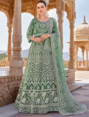Pastel Green Butterfly Net Semi Stitched Designer Anarkali Suit small FABSL21763