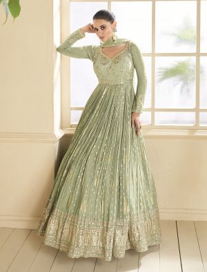 Pastel Green Georgette Semi Stitched Designer Anarkali Suit small FABSL21838