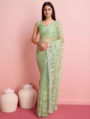 Pastel Green Soft Net Party Wear Saree With Sequins