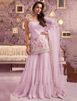 Pastel Pink Georgette Semi Stitched Embroidered Sharara Suit small FABSL22002