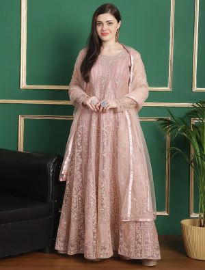 Pastel Pink Net Floor Length Suit With Cording Work FABSL21798