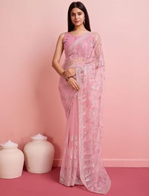 Pastel Pink Soft Net Party Wear Saree With Sequins