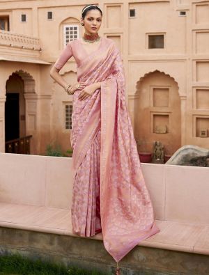 Pastel Pink Viscose Silk Saree With Brocade Weaving