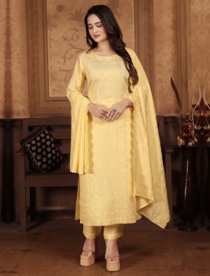 Pastel Yellow Chanderi Cotton Readymade Salwar Kameez FABSL21968