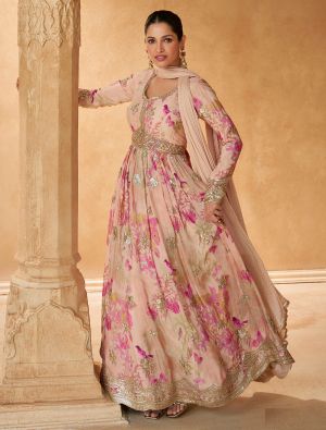 Peach Chinon Pre Stitched Anarkali Suit In XL small FABSL22120