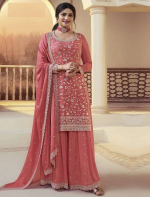 Peach Chinon Semi Stitched Embroidered Palazzo Suit small FABSL21804
