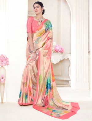 Peach Crepe Silk Saree With Digital Print