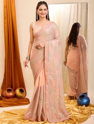 Peach Georgette Party Wear Saree With Sequins