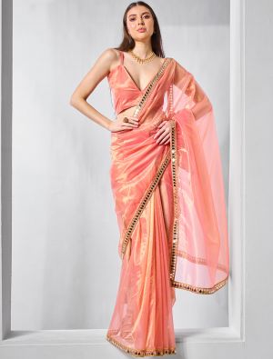 Peach Gold Tissue Net Fancy Party Wear Saree