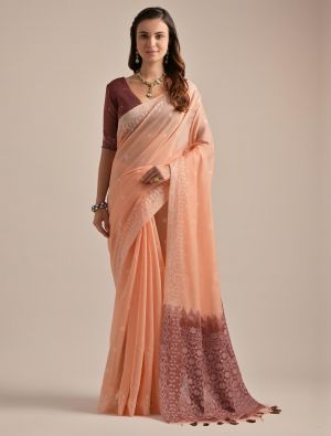 Peach Muga Cotton Saree With Jamdani Weaving