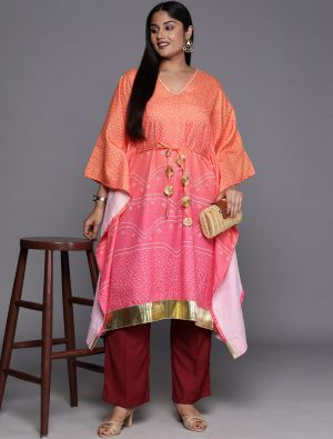 peachy pink cotton blend bandhani printed plus size kurti fabku20862