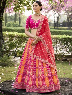 Pink And Orange Banarasi Silk Designer Wedding Lehenga small FABLE20374